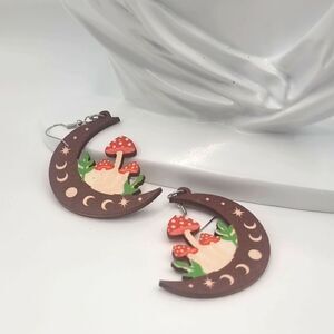 New Wooden moon phase mushroom boho fun whimsical earrings lunar celestial